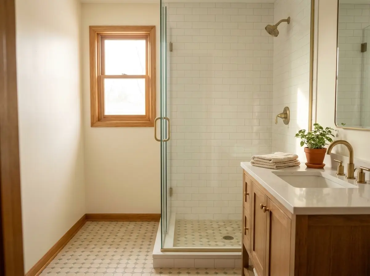 A narrow bathroom with a tiled walk-in shower, a wood vanity with a stone top, brass fixtures, and a patterned tile floor