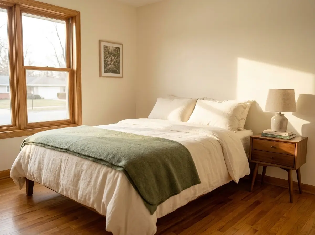 A neatly made bed and clean floor in a compact bedroom