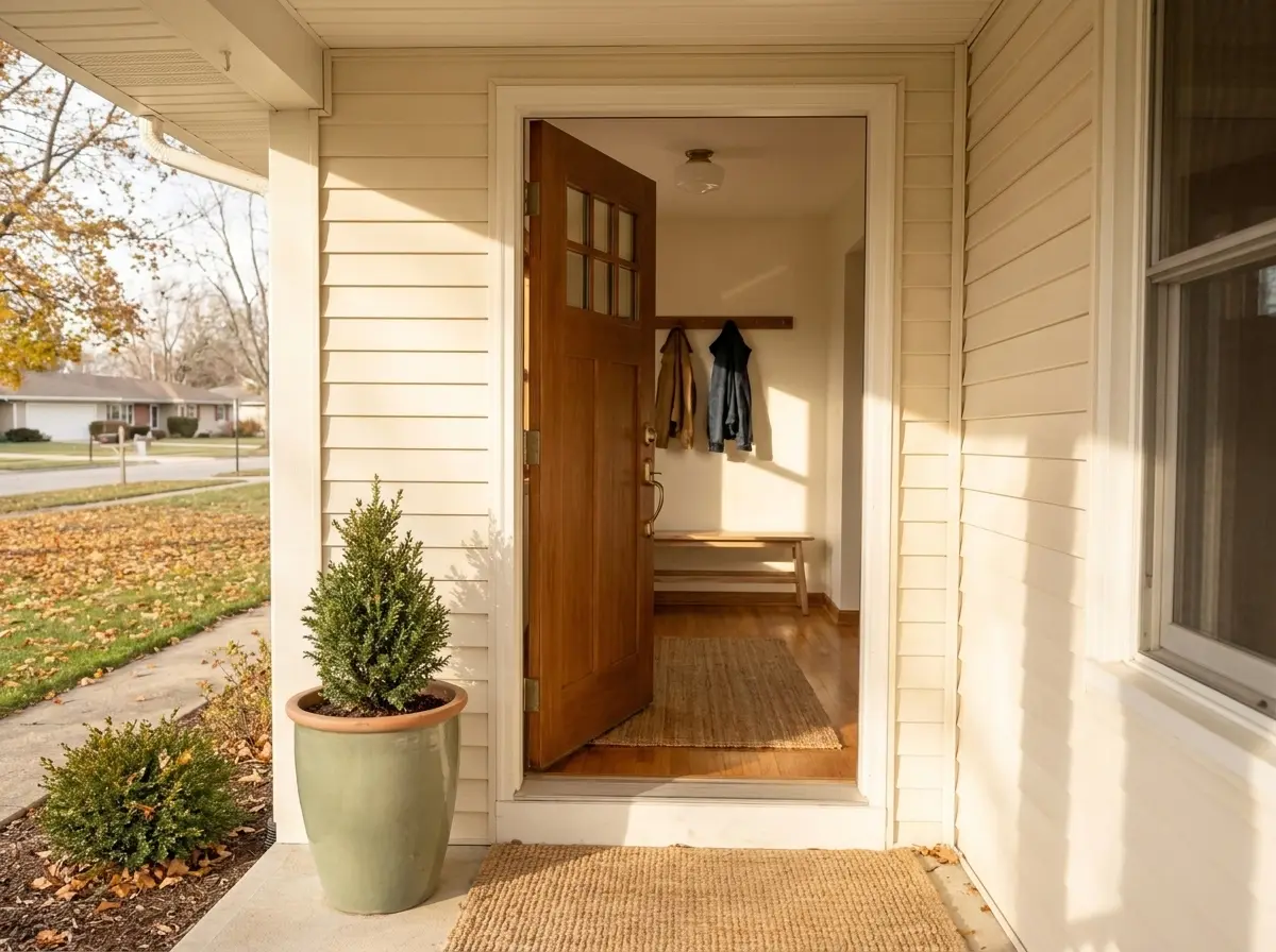 A welcoming entryway with a wooden bench and room to leave your shoes