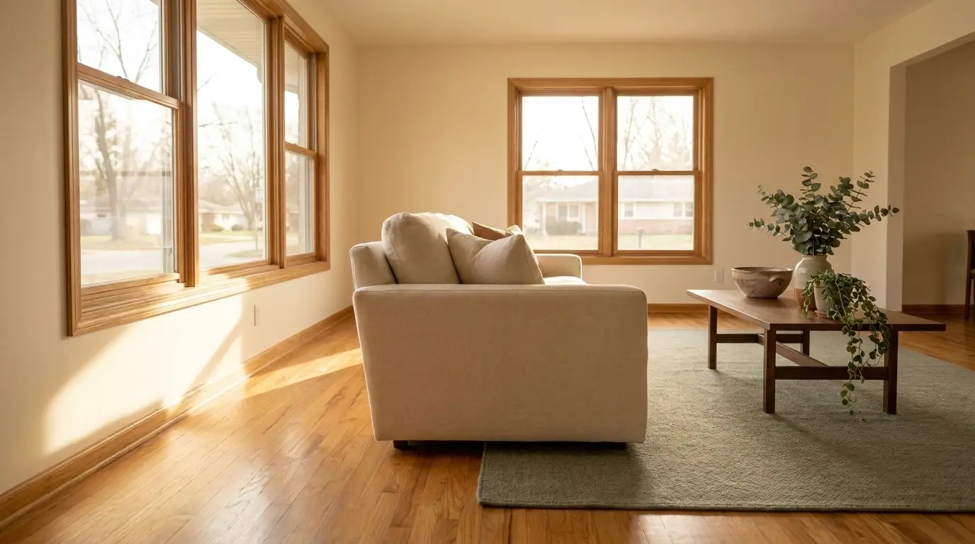 A sparely furnished living room lit by two walls of windows, with a linen sofa, a low wooden table on a green rug, and a bare wood floor