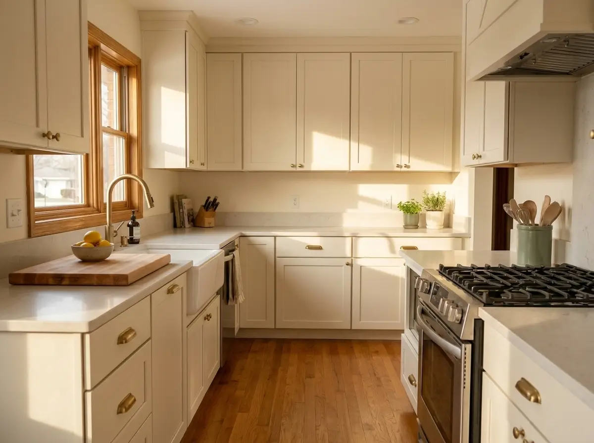 A bright kitchen with clear counters, warm wood, and sunlight at the window