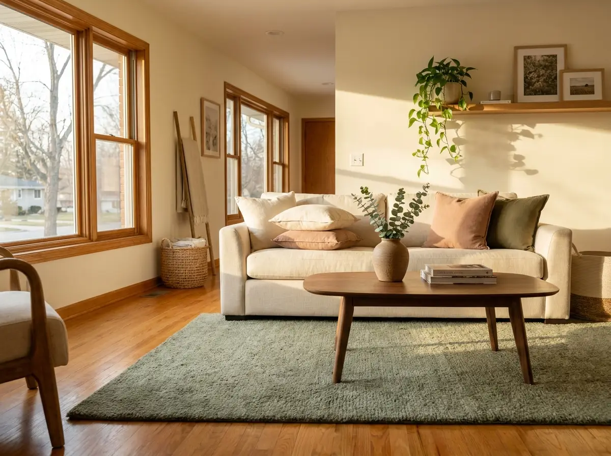 A sunlit living room with a comfortable sofa and a tidy coffee table