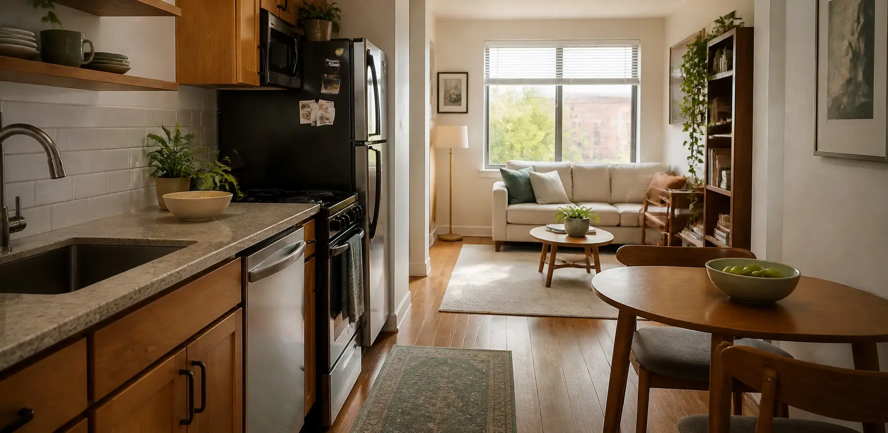 A compact apartment kitchen opening into a tidy living area