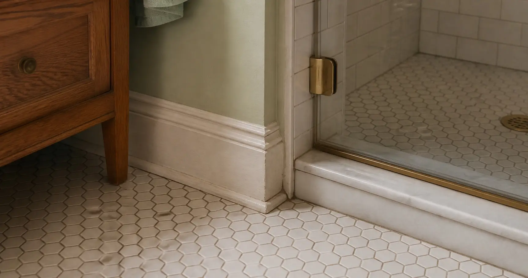 Original hex tile, painted baseboard, and clear shower glass in an older bathroom