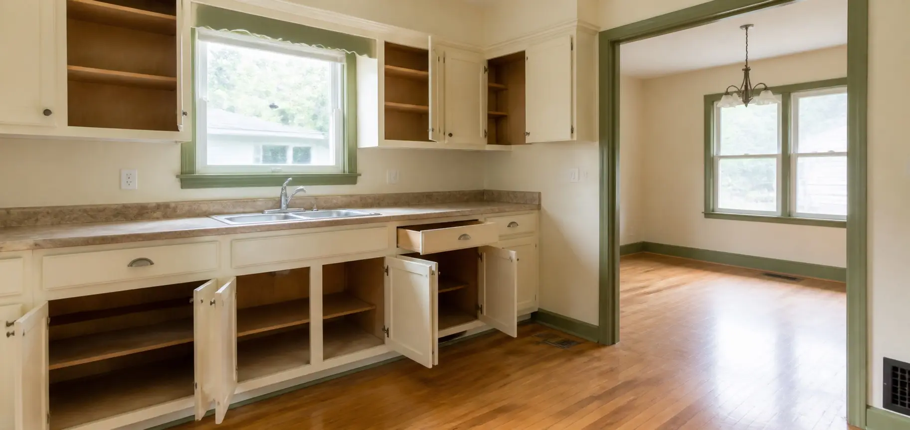 An empty kitchen with clean cabinet doors and drawers standing open
