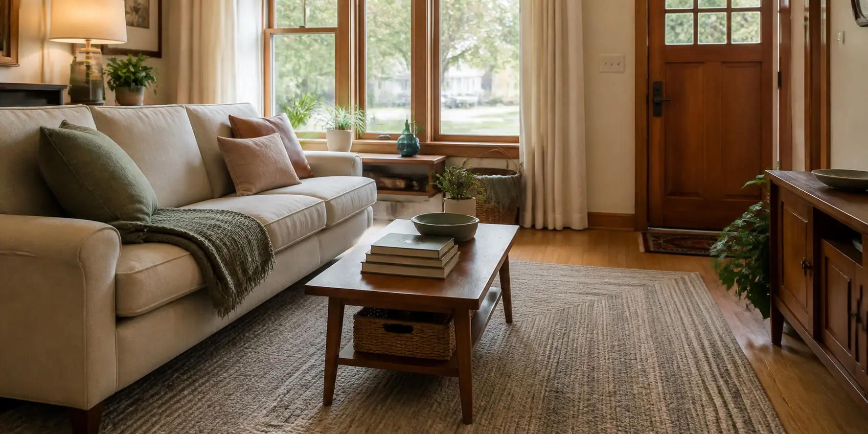 A comfortable, lived-in living room with clear surfaces and a neatly kept rug
